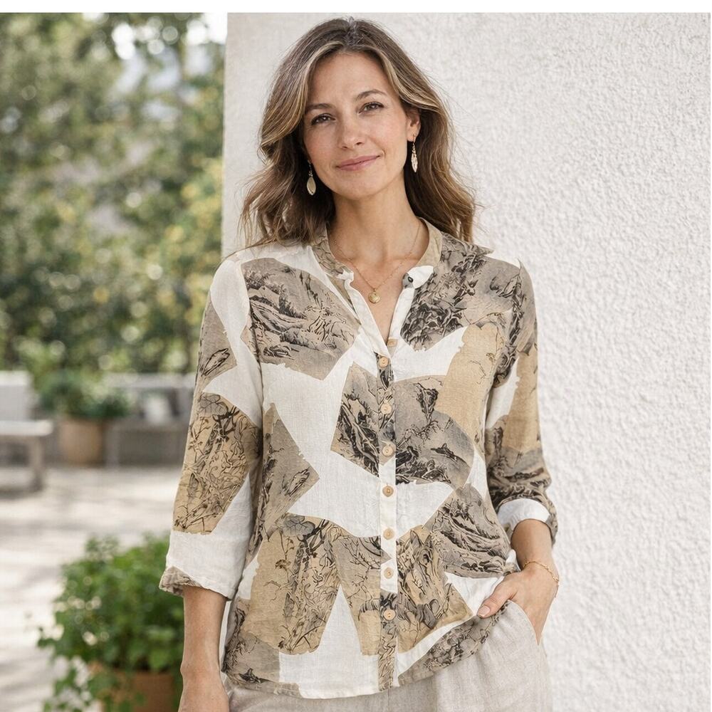 Citron of Santa Monica Silk mandarin collar blouse mountain print Medium